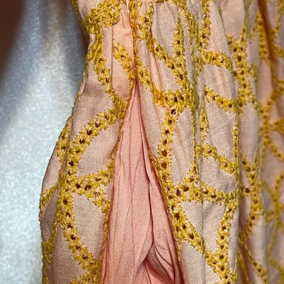 Boho Babydoll Mini Dress Peach Coral Print Pintuck Button Coastal Western Small - Picture 5 of 14